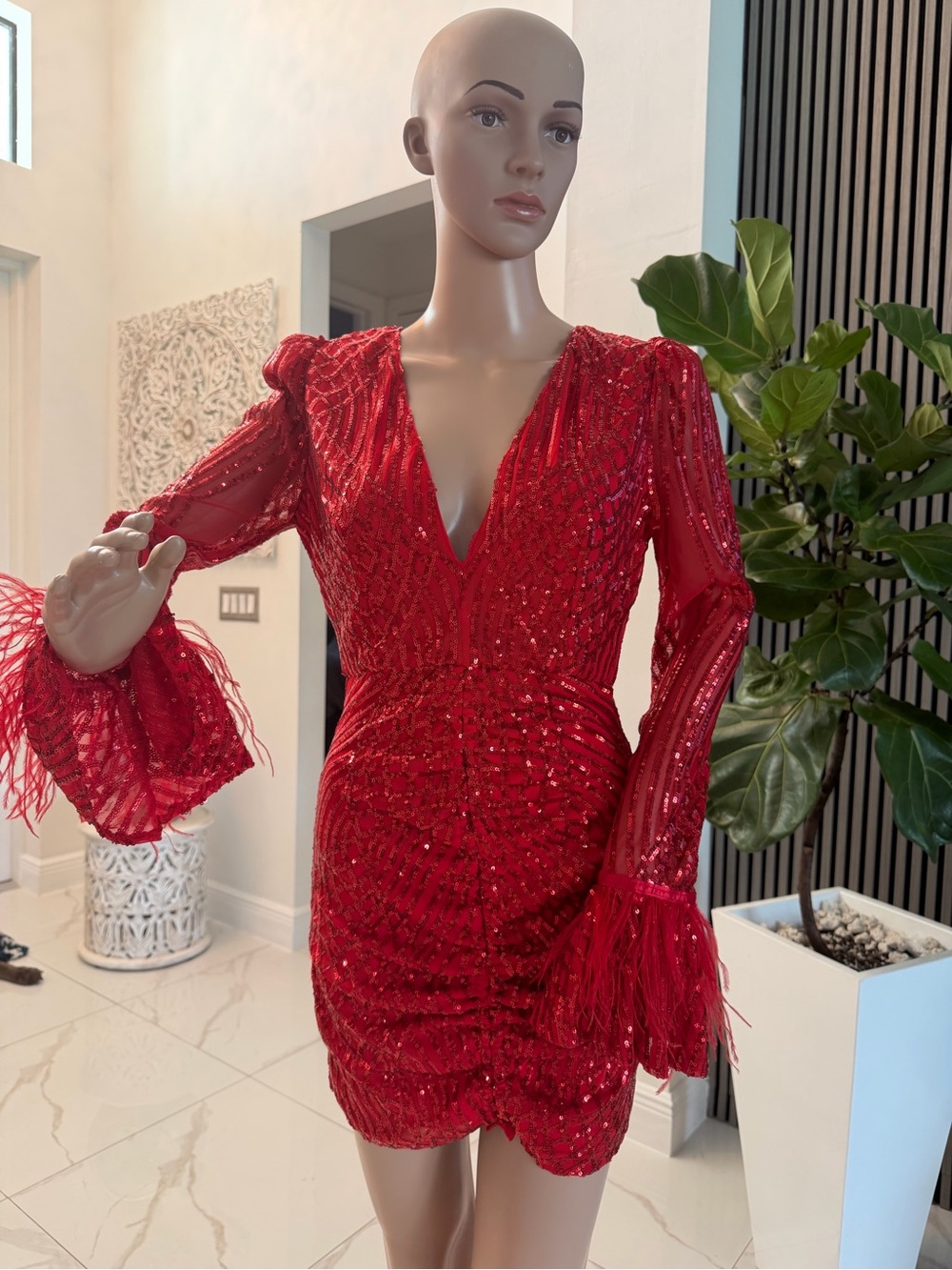 Red Sequin V-Neck Party Dress